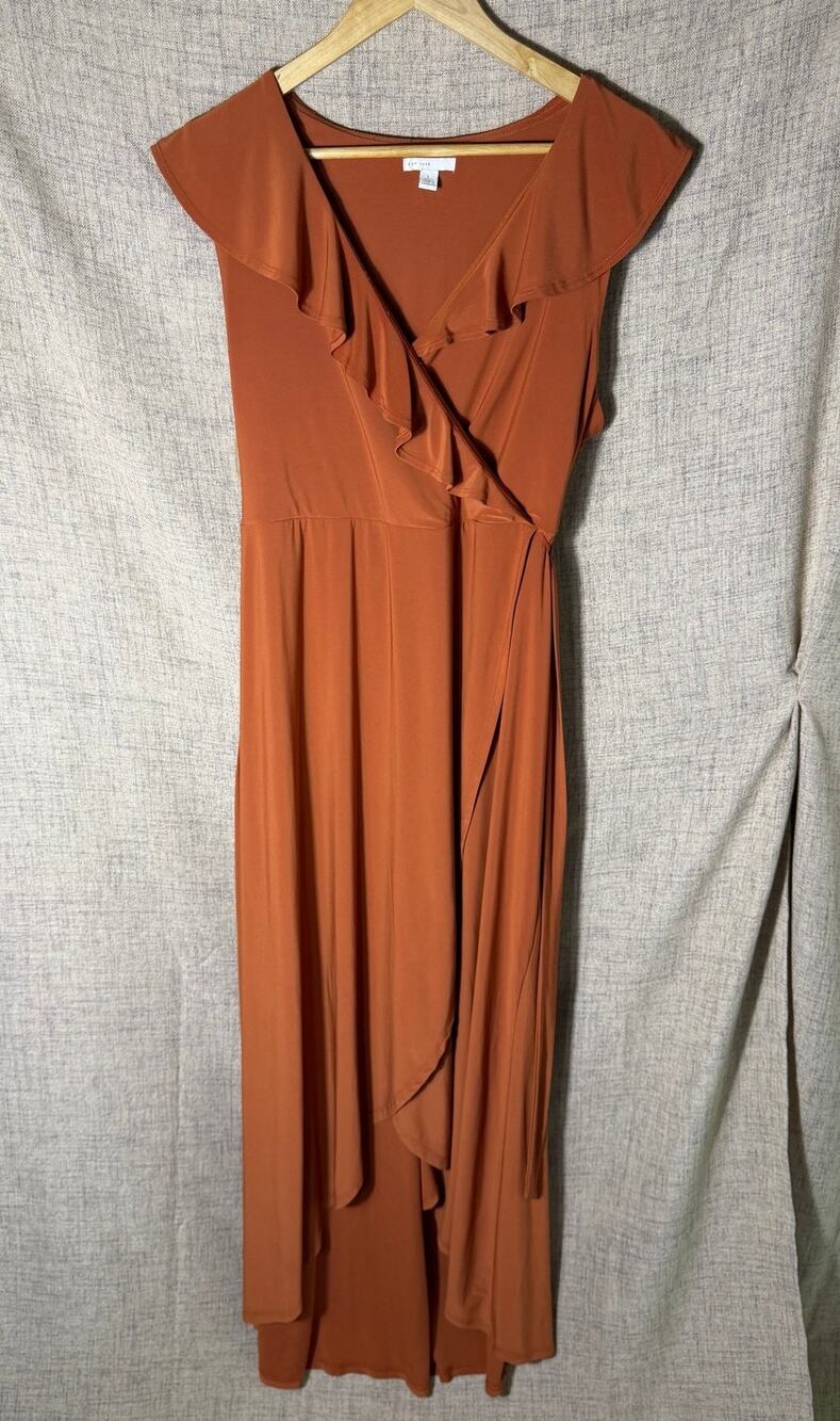 EST. 1946 Terracotta Ruffle Wrap Maxi Dress Sleeveless Faux Wrap Women's Large
